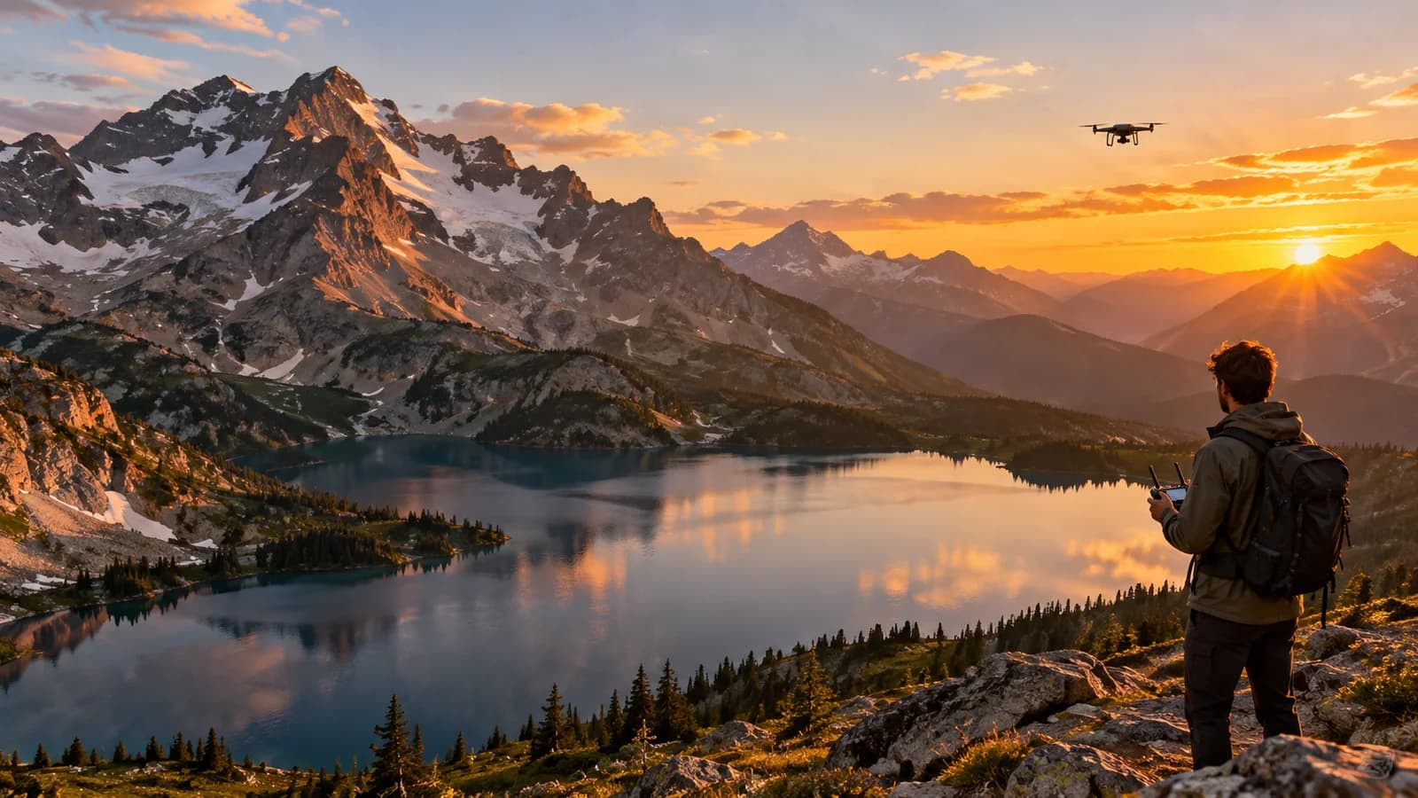 An outdoor creator flying a drone beside a mountain lake at sunset